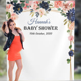 Pink and Navy Blue Baby Shower Backdrop, Floral Backdrop, Gold and Blush Backdrop, Photo Booth Backdrop 01NBS3 - iJay Backdrops