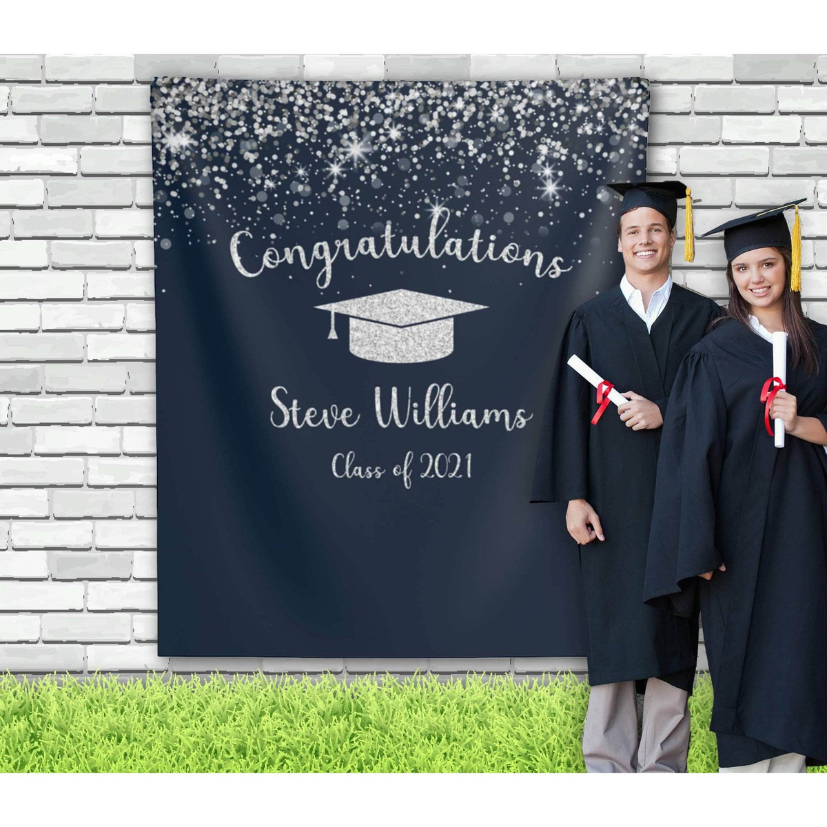 Navy and Silver Graduation Backdrop - iJay Backdrops