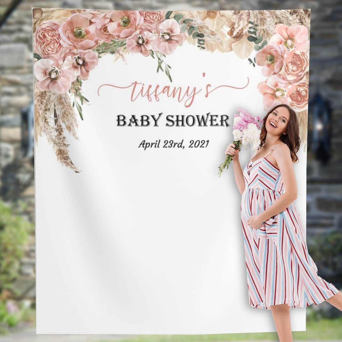 Personalized Pampas Grass Backdrop for Baby Shower. For your Boho Baby Shower Decorations - iJay Backdrops