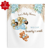 We Can Bearly Wait, Baby Shower Backdrop Boy, Bear Theme Baby Shower, Pampas Grass Backdrop - iJay Backdrops