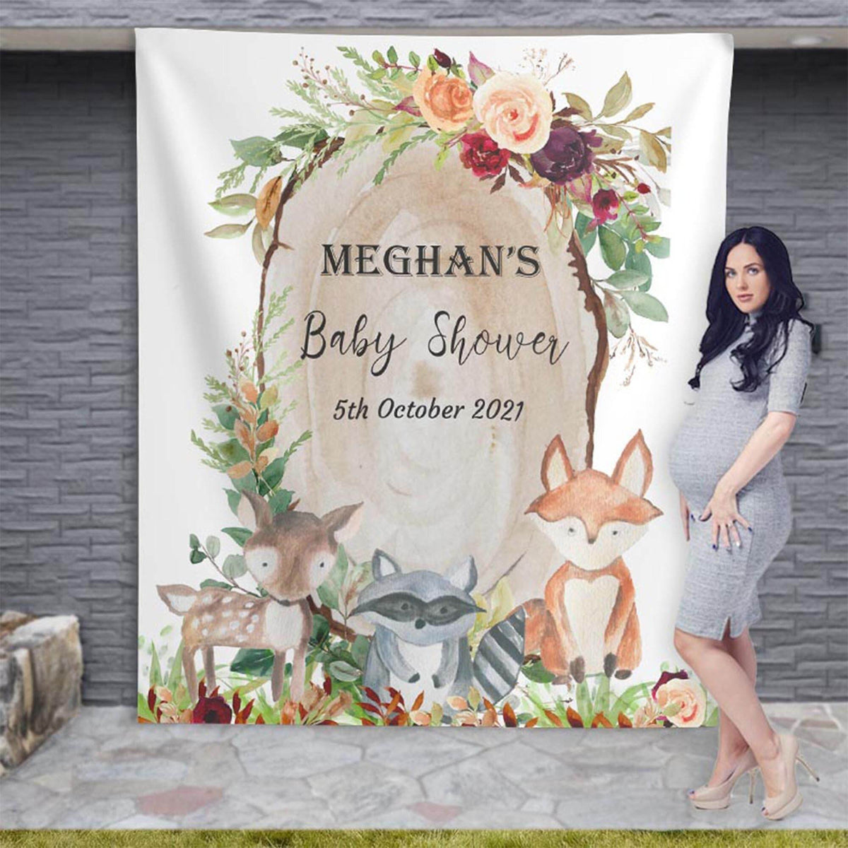 Personalized Fall Burgundy Woodland Animals Backdrop for Baby Shower. - iJay Backdrops