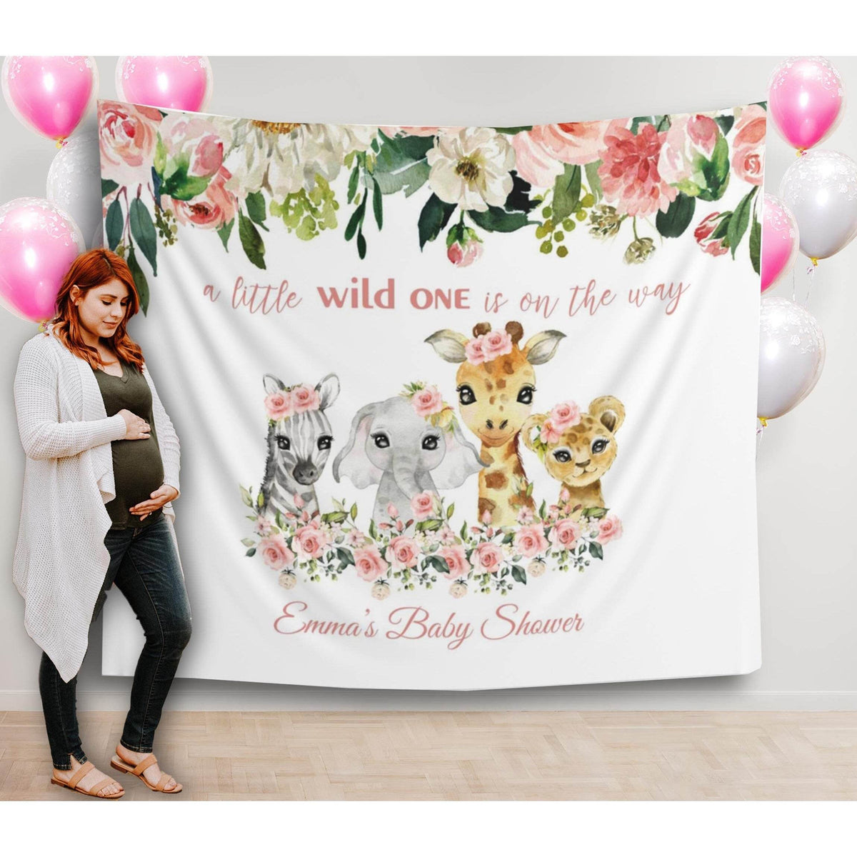 Safari Baby Shower, Girl Baby Shower Backdrop, A little Wild One On the Way, Floral Blush Jungle Baby Shower Decoration - iJay Backdrops
