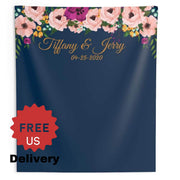 Personalized Navy Blue Wedding Backdrop For Reception / Floral Backdrop - iJay Backdrops