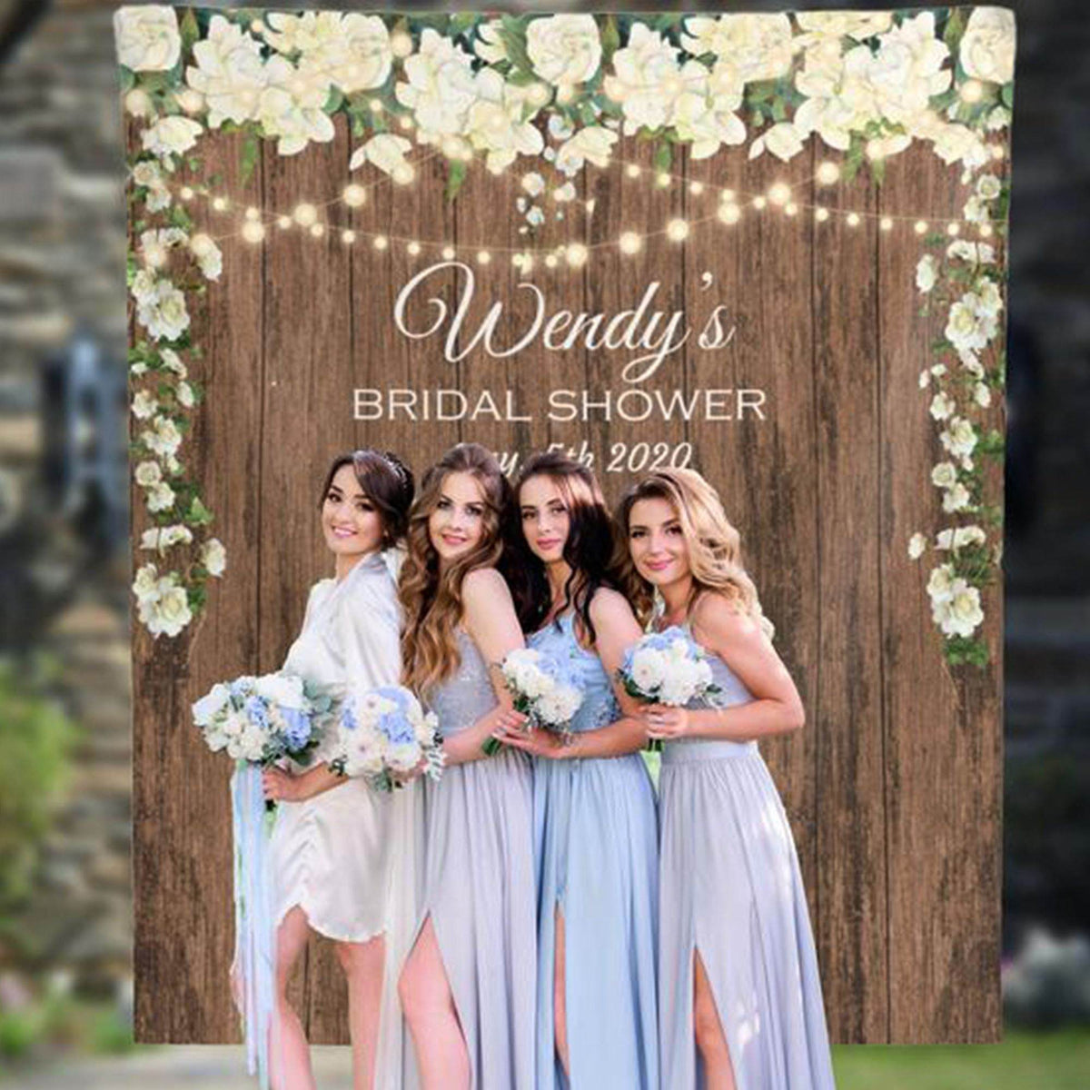 Personalized Rustic Bridal Shower Photobooth Backdrop with Lights - iJay Backdrops