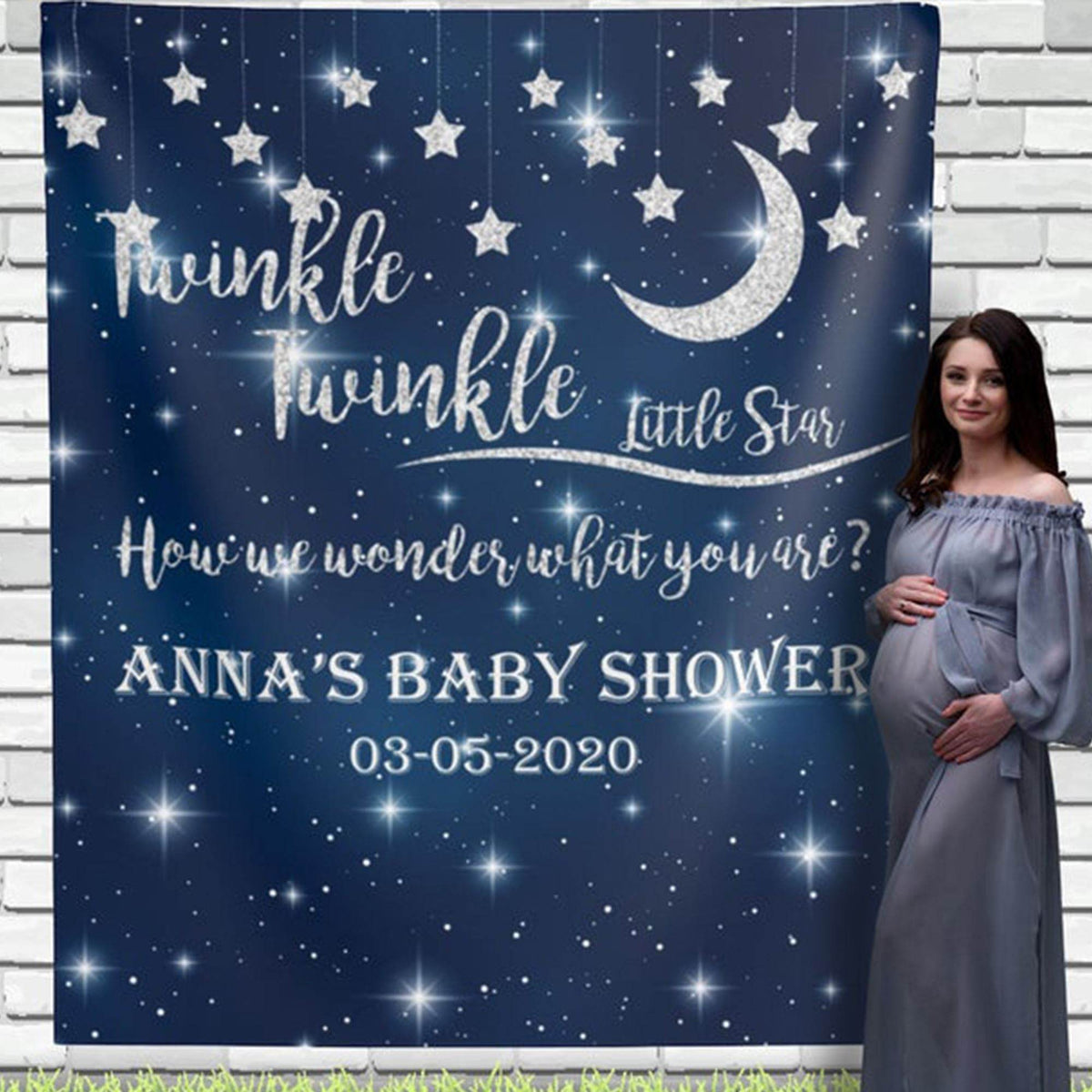 Personalized Twinkle Twinkle Little Star Backdrop, Navy Blue and Silver - iJay Backdrops