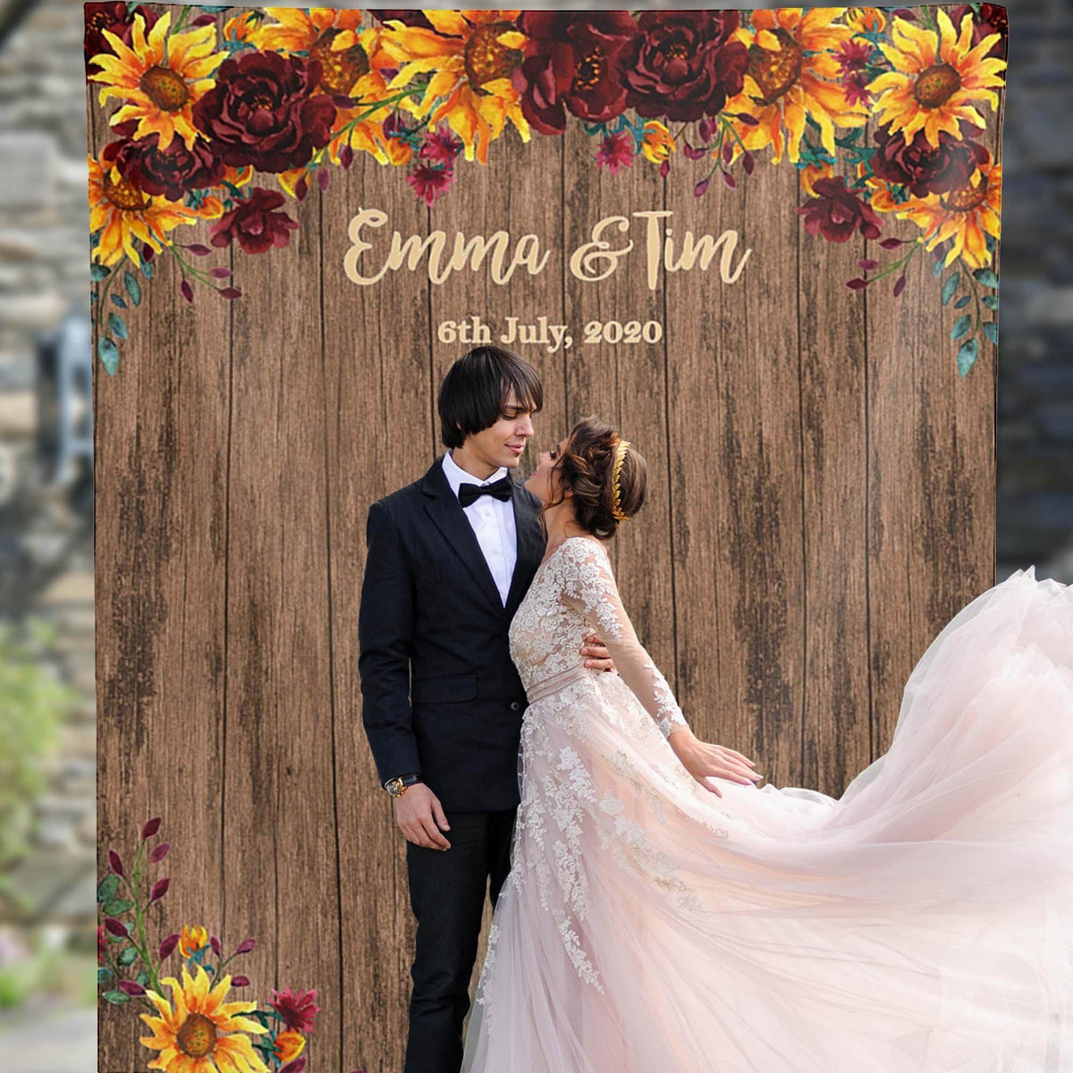 Rustic Sunflower Burgundy Wedding Backdrop - iJay Backdrops