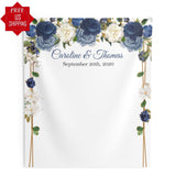 Wedding Backdrop for Reception, Navy and Cream flowers wedding Decor, White and dark blue floral Wedding Arch, Bridal Shower Banner 01WB72 - iJay Backdrops